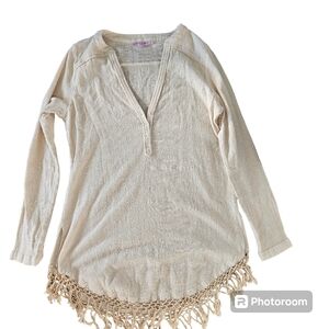 Boho Calypso St. Barth Evsiba Cotton Fringe Long Sleeve Tunic  Size S